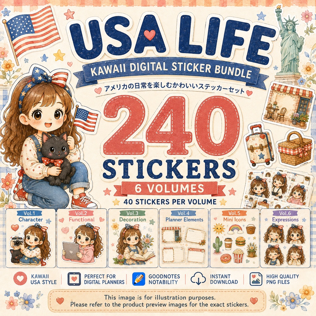 USA Life デジタルプランナーステッカー240枚セット 全6シリーズ GoodNotes Notability対応 かわいいPNG素材