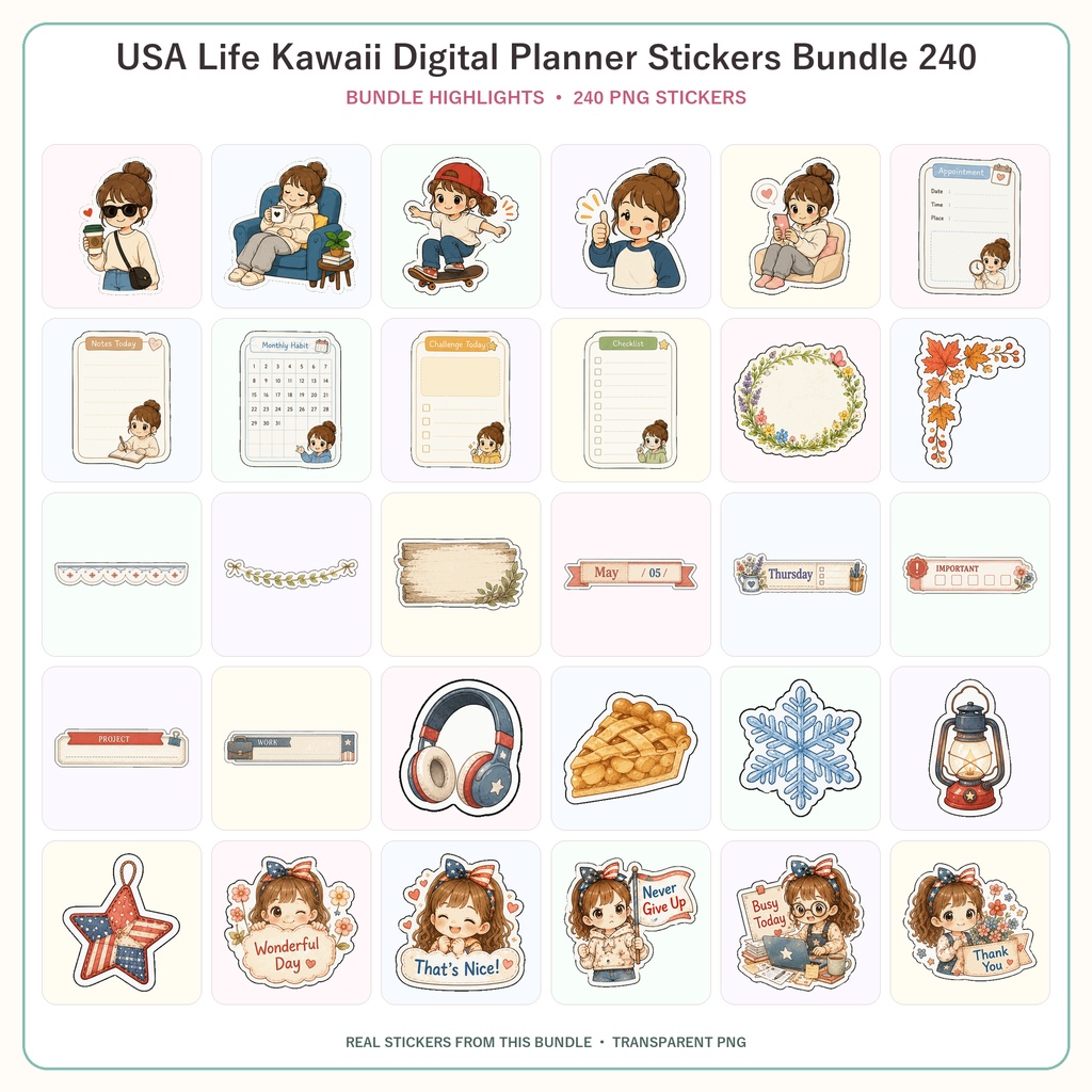 USA Life デジタルプランナーステッカー240枚セット 全6シリーズ GoodNotes Notability対応 かわいいPNG素材