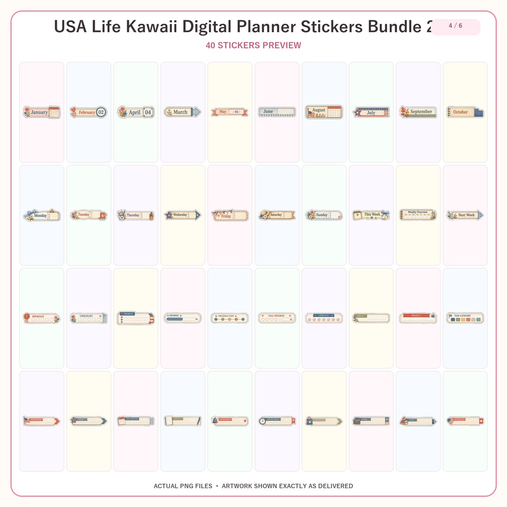 USA Life デジタルプランナーステッカー240枚セット 全6シリーズ GoodNotes Notability対応 かわいいPNG素材