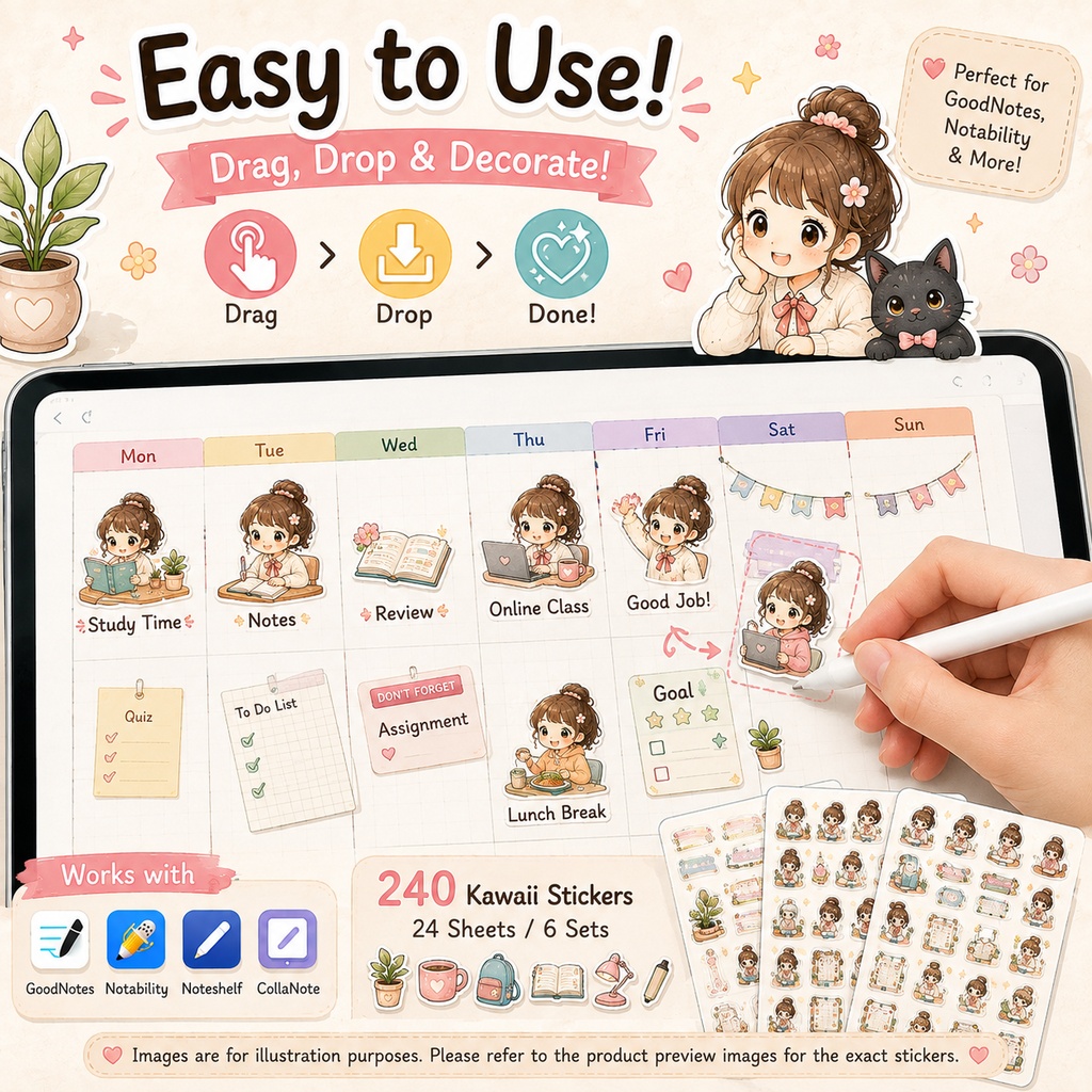 かわいい学生勉強デジタルプランナーステッカーセット 240枚 24シート GoodNotes Notability対応 PNG素材