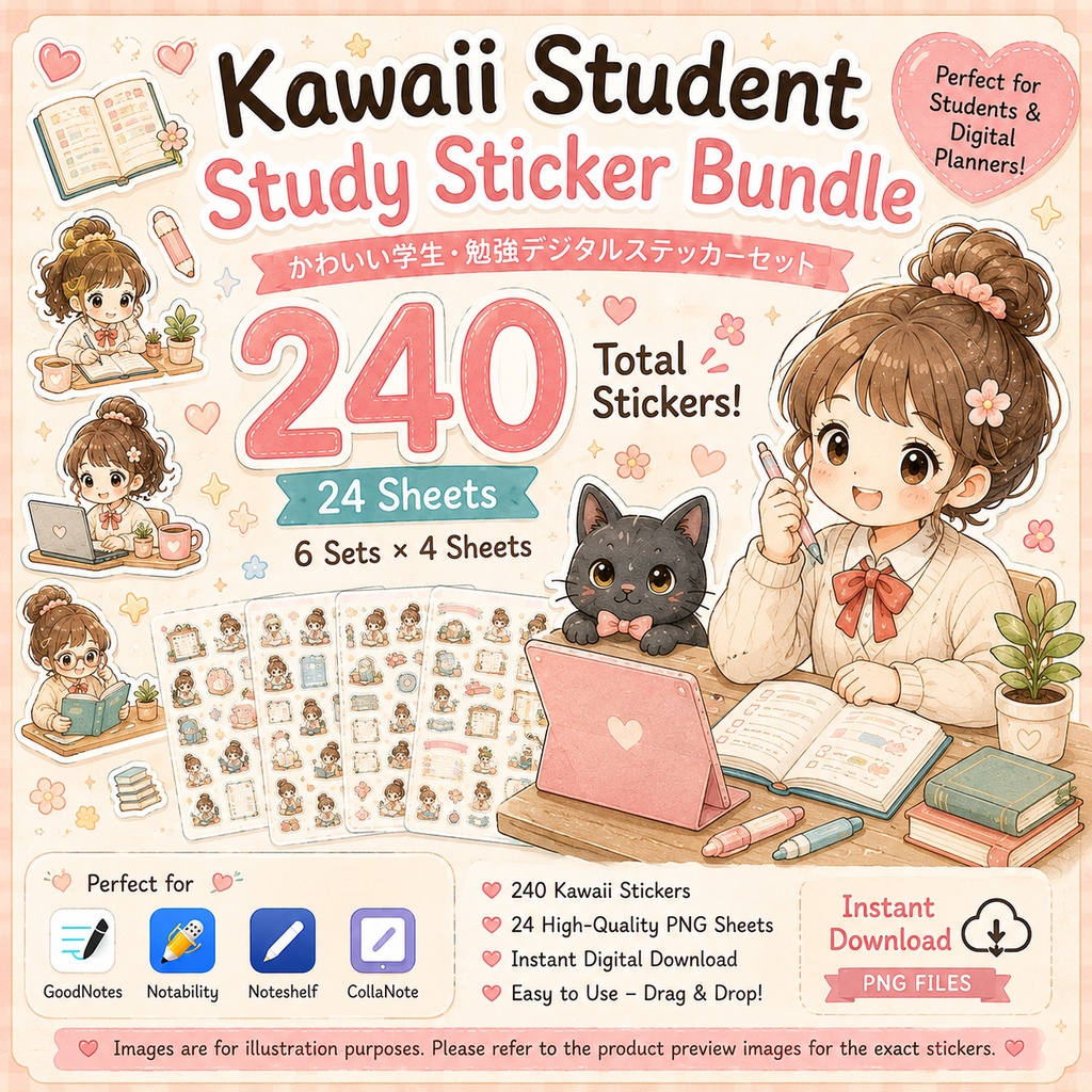 かわいい学生勉強デジタルプランナーステッカーセット 240枚 24シート GoodNotes Notability対応 PNG素材