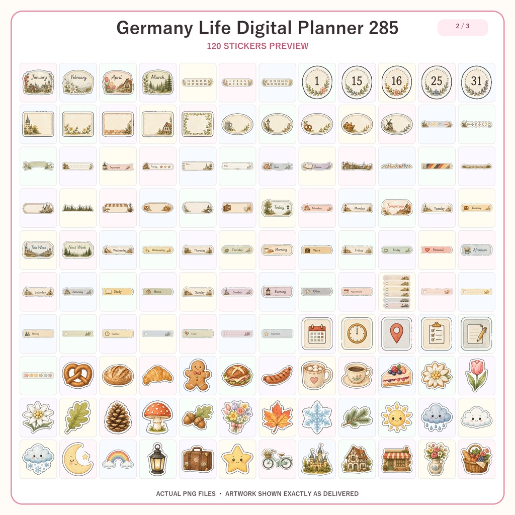 Germany Life デジタルプランナーステッカー285枚セット 全24シート かわいいドイツ暮らし GoodNotes対応 PNG素材