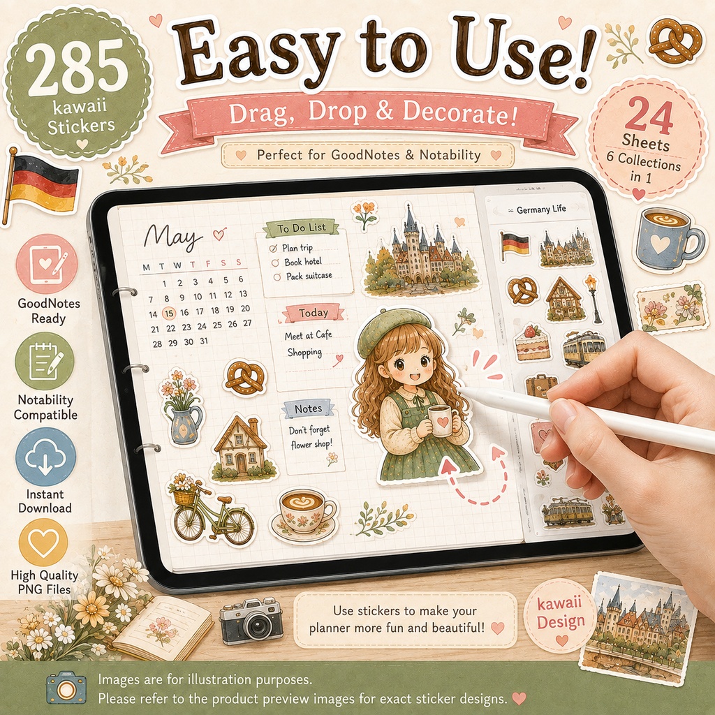 Germany Life デジタルプランナーステッカー285枚セット 全24シート かわいいドイツ暮らし GoodNotes対応 PNG素材