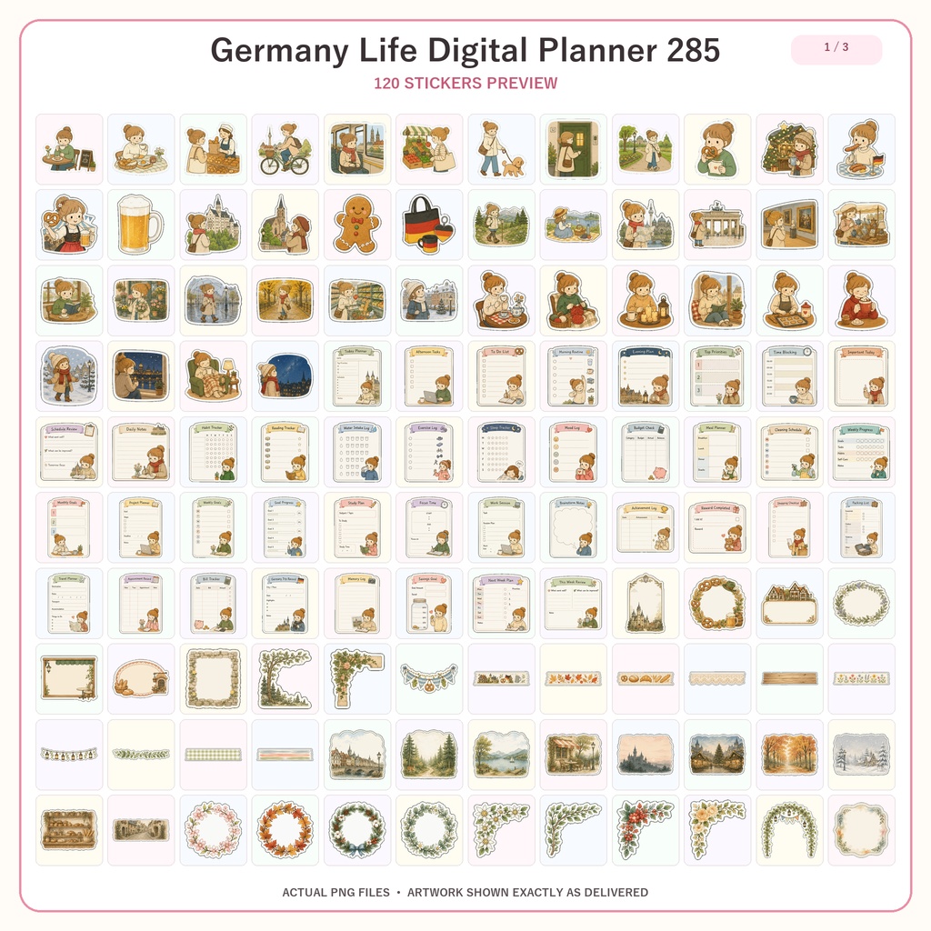 Germany Life デジタルプランナーステッカー285枚セット 全24シート かわいいドイツ暮らし GoodNotes対応 PNG素材