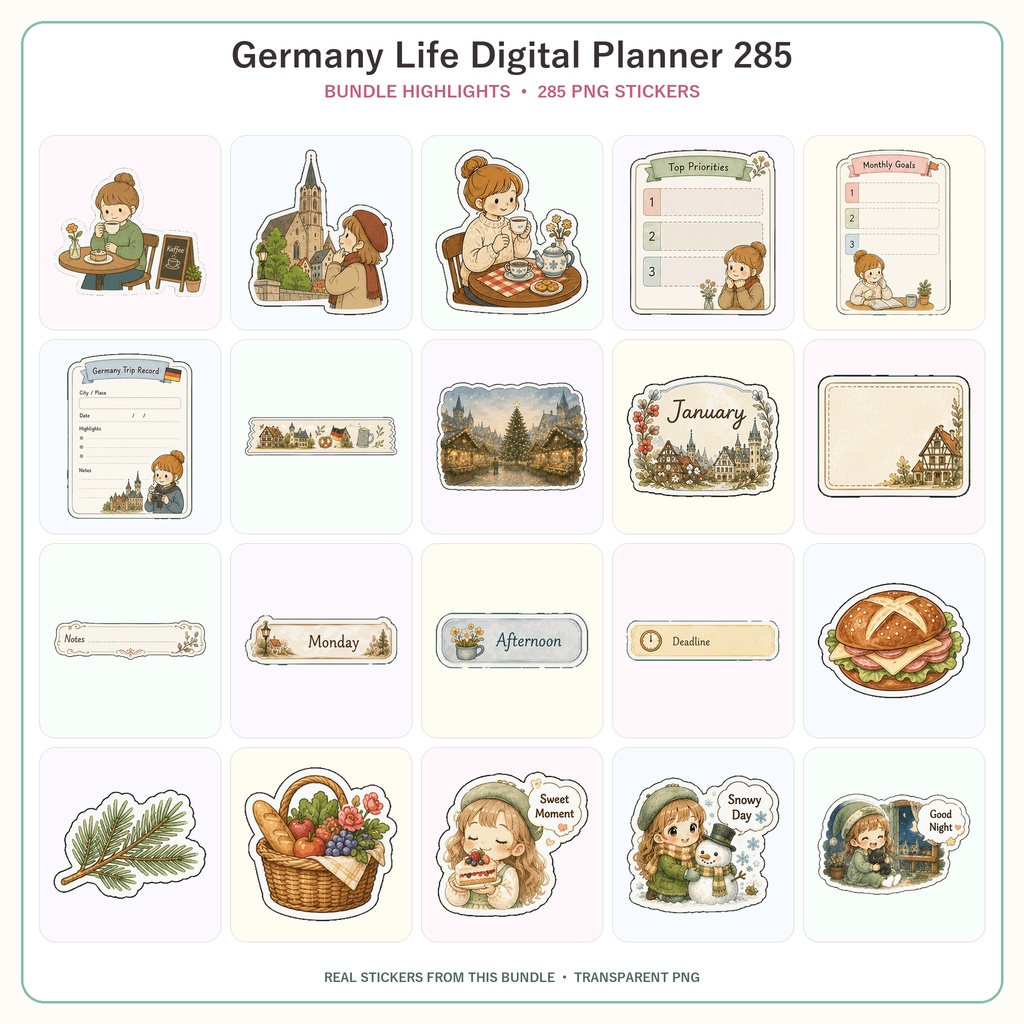 Germany Life デジタルプランナーステッカー285枚セット 全24シート かわいいドイツ暮らし GoodNotes対応 PNG素材