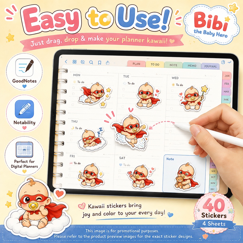 ビビ かわいい赤ちゃんヒーローデジタルステッカー 40枚 4シート GoodNotes Notability対応 PNG