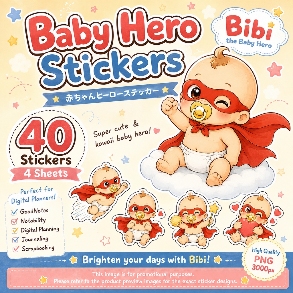 ビビ かわいい赤ちゃんヒーローデジタルステッカー 40枚 4シート GoodNotes Notability対応 PNG