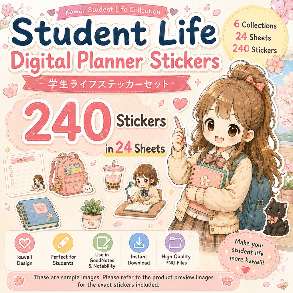 かわいい学生ライフ デジタルプランナーステッカー 240枚セット 24シート GoodNotes Notability対応 PNGダウンロード