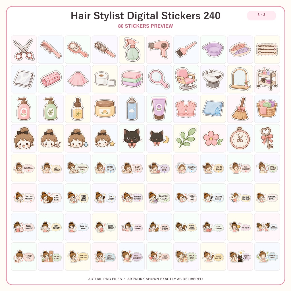 美容師 デジタルステッカー240枚 6セット|かわいいヘアサロン手帳素材 GoodNotes対応 Hair Stylist