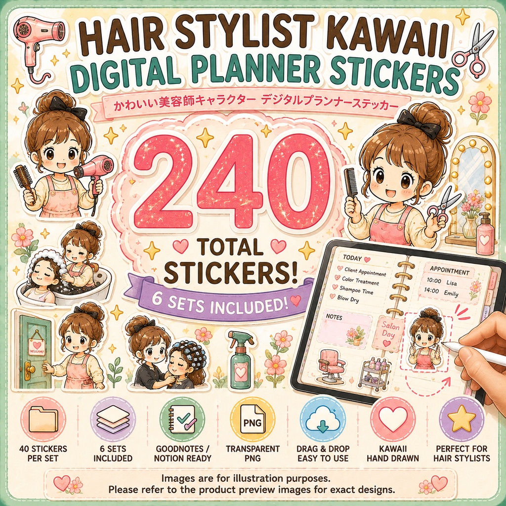 美容師 デジタルステッカー240枚 6セット｜かわいいヘアサロン手帳素材 GoodNotes対応 Hair Stylist
