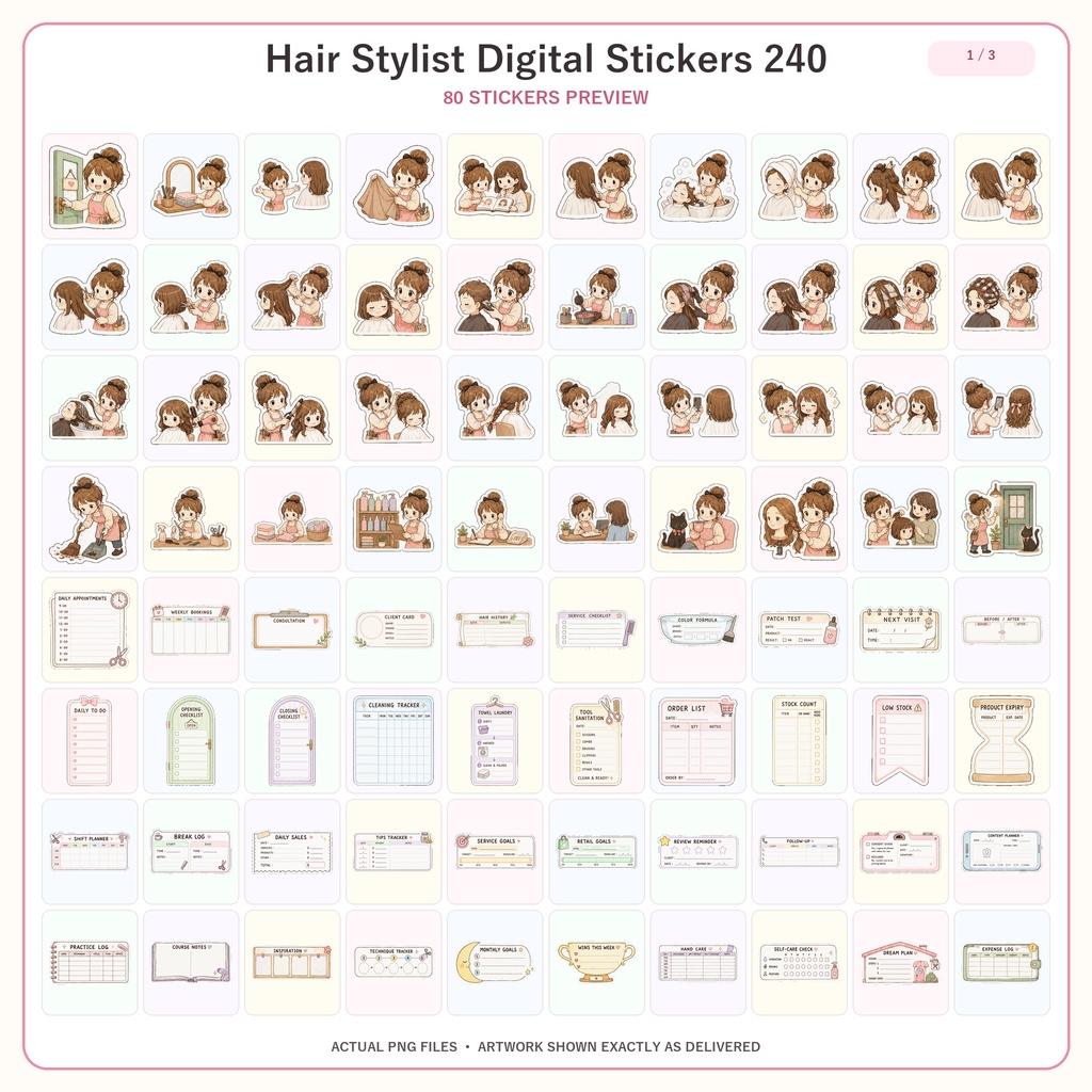 美容師 デジタルステッカー240枚 6セット|かわいいヘアサロン手帳素材 GoodNotes対応 Hair Stylist