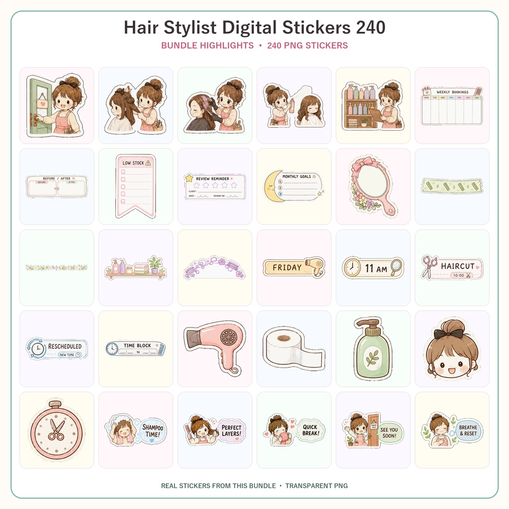 美容師 デジタルステッカー240枚 6セット|かわいいヘアサロン手帳素材 GoodNotes対応 Hair Stylist