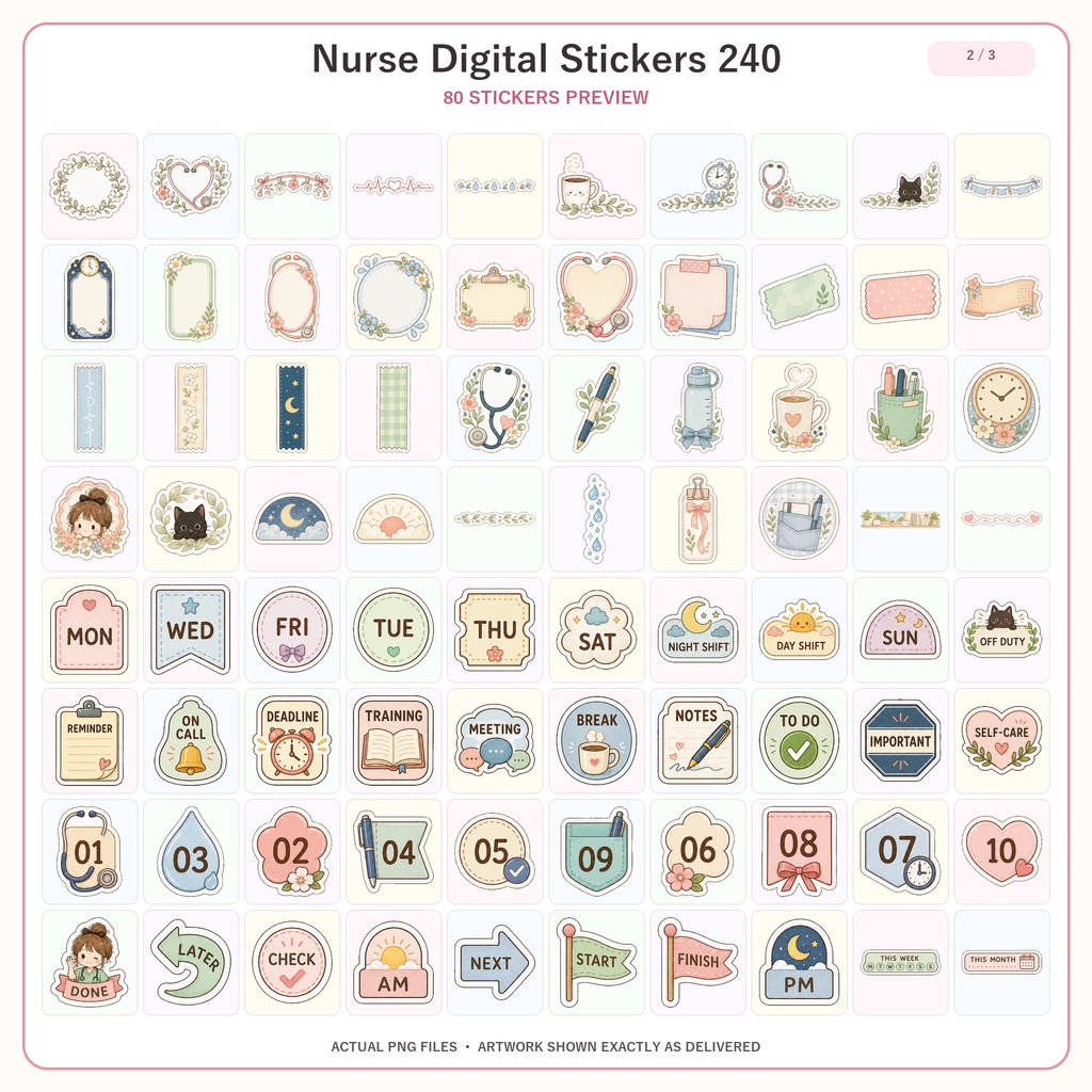 ナースデジタルステッカー240枚セット|GoodNotes対応 看護師・看護学生向け かわいい医療プランナーステッカー PNG素材