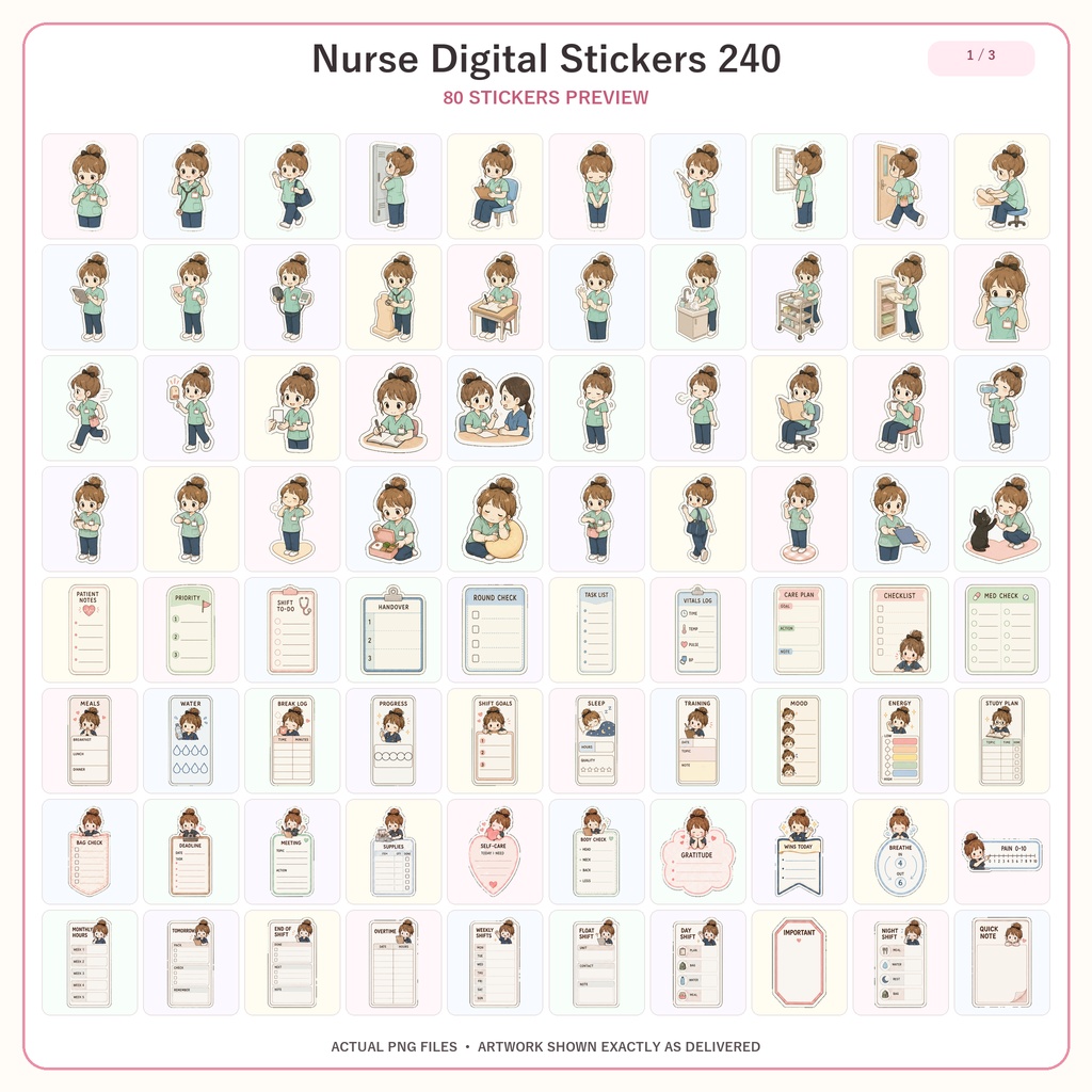 ナースデジタルステッカー240枚セット|GoodNotes対応 看護師・看護学生向け かわいい医療プランナーステッカー PNG素材