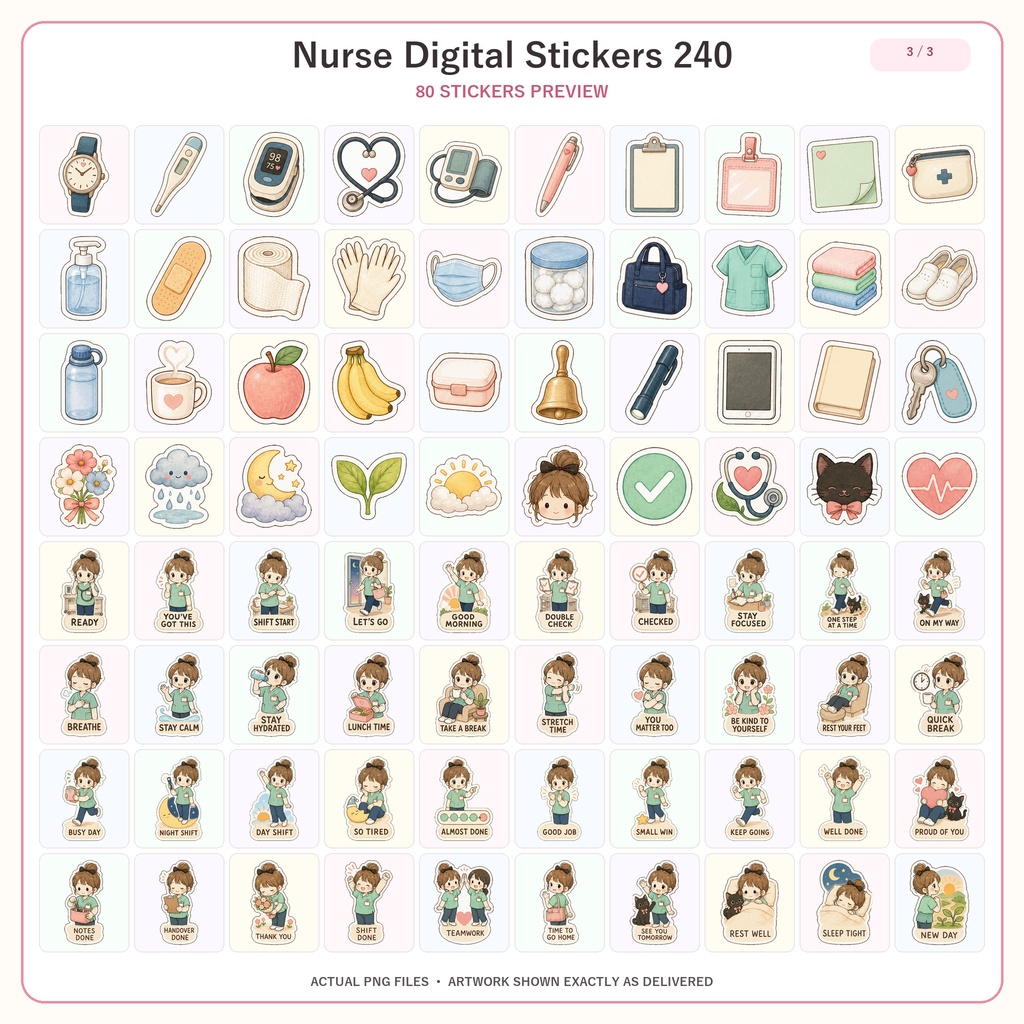 ナースデジタルステッカー240枚セット|GoodNotes対応 看護師・看護学生向け かわいい医療プランナーステッカー PNG素材