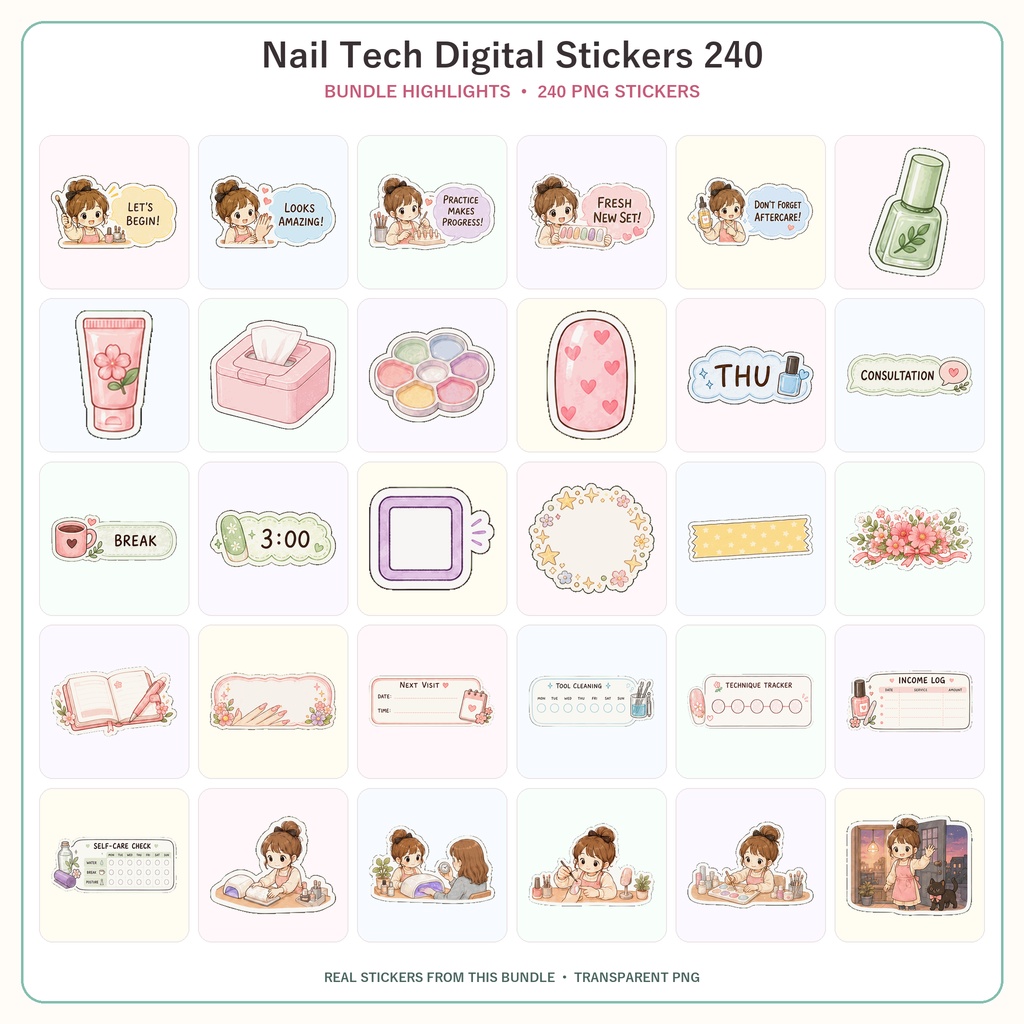 ネイリスト デジタルステッカー240枚 6セット|かわいいネイルサロン手帳素材 GoodNotes対応 Nail Tech