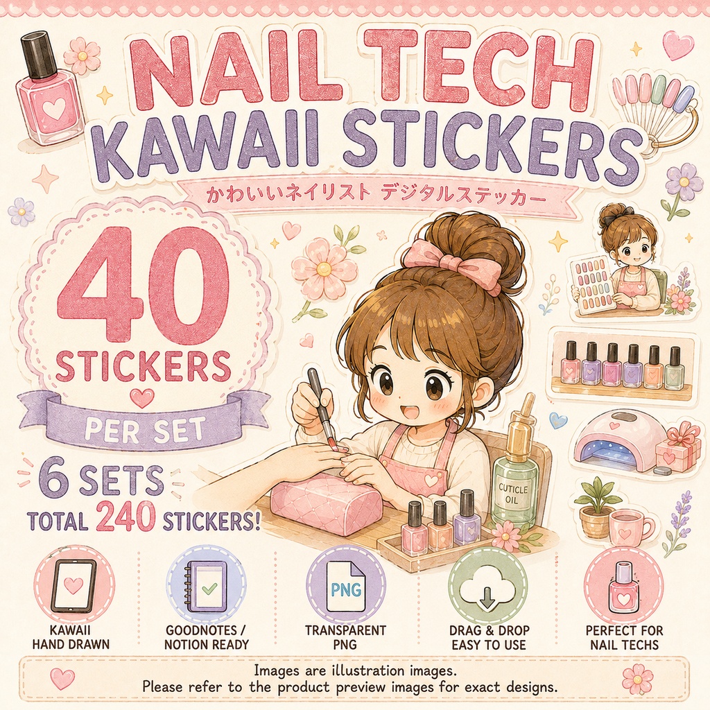 ネイリスト デジタルステッカー240枚 6セット｜かわいいネイルサロン手帳素材 GoodNotes対応 Nail Tech
