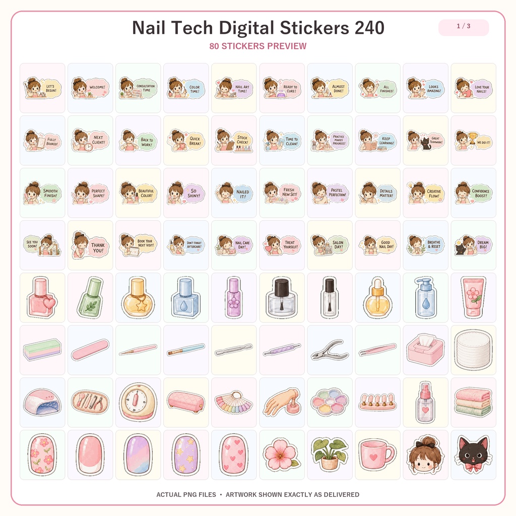 ネイリスト デジタルステッカー240枚 6セット|かわいいネイルサロン手帳素材 GoodNotes対応 Nail Tech