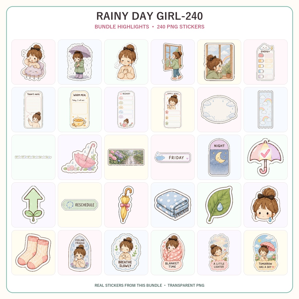 GoodNotesステッカー240枚 雨の日の女の子 かわいいデジタルプランナーステッカー 6セット 雨の日・セルフケア・手帳デコ PNG素材