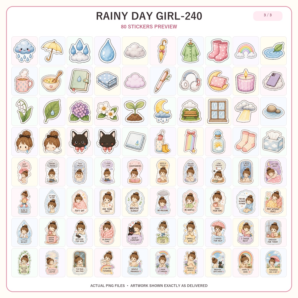 GoodNotesステッカー240枚 雨の日の女の子 かわいいデジタルプランナーステッカー 6セット 雨の日・セルフケア・手帳デコ PNG素材