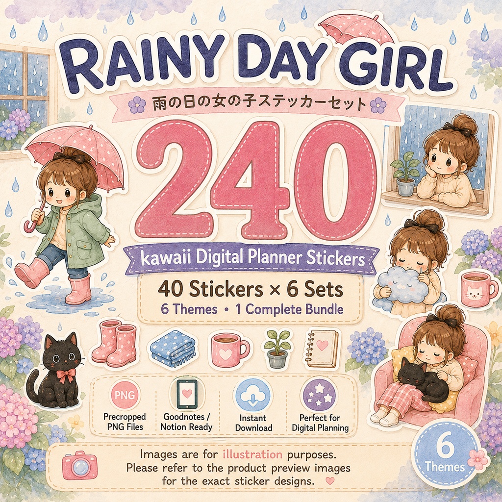 GoodNotesステッカー240枚 雨の日の女の子 かわいいデジタルプランナーステッカー 6セット 雨の日・セルフケア・手帳デコ PNG素材