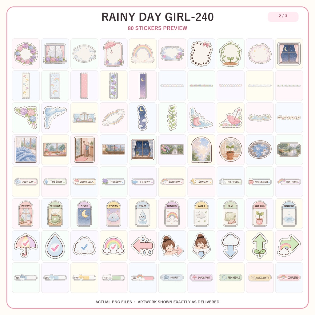 GoodNotesステッカー240枚 雨の日の女の子 かわいいデジタルプランナーステッカー 6セット 雨の日・セルフケア・手帳デコ PNG素材