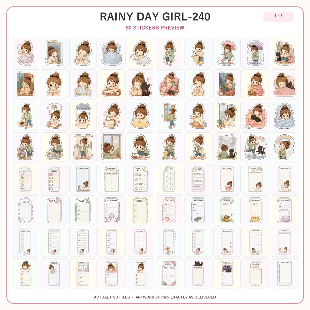 GoodNotesステッカー240枚 雨の日の女の子 かわいいデジタルプランナーステッカー 6セット 雨の日・セルフケア・手帳デコ PNG素材