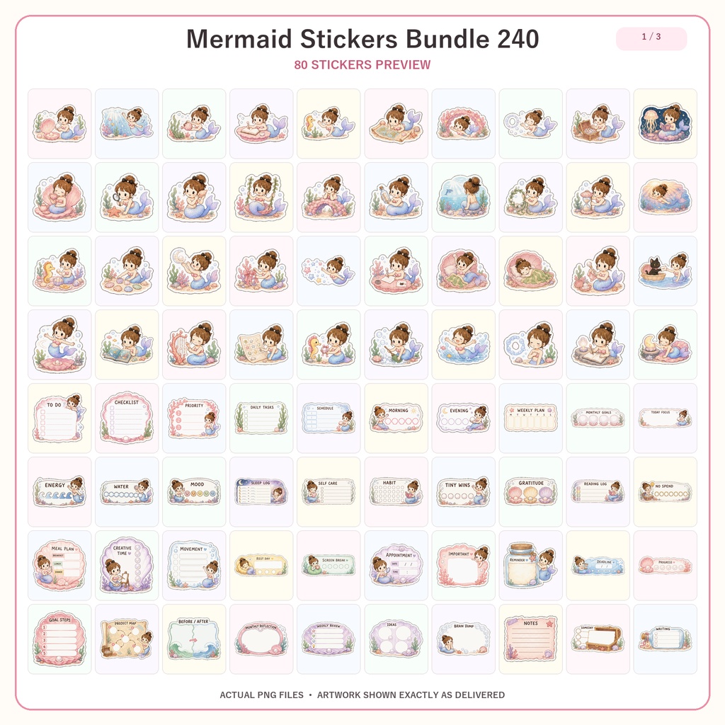 GoodNotes 人魚デジタルステッカー240枚セット|かわいい手帳素材・iPadデジタルプランナー・PNG・Notability対応
