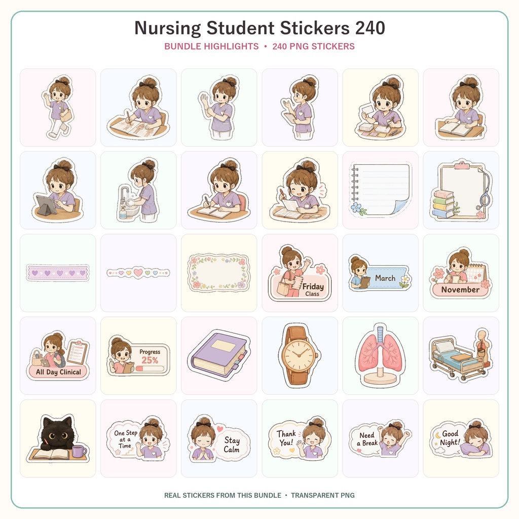 GoodNotes 看護学生デジタルステッカー240枚セット|看護学校・勉強・実習・手帳用PNG素材|かわいいナース手帳