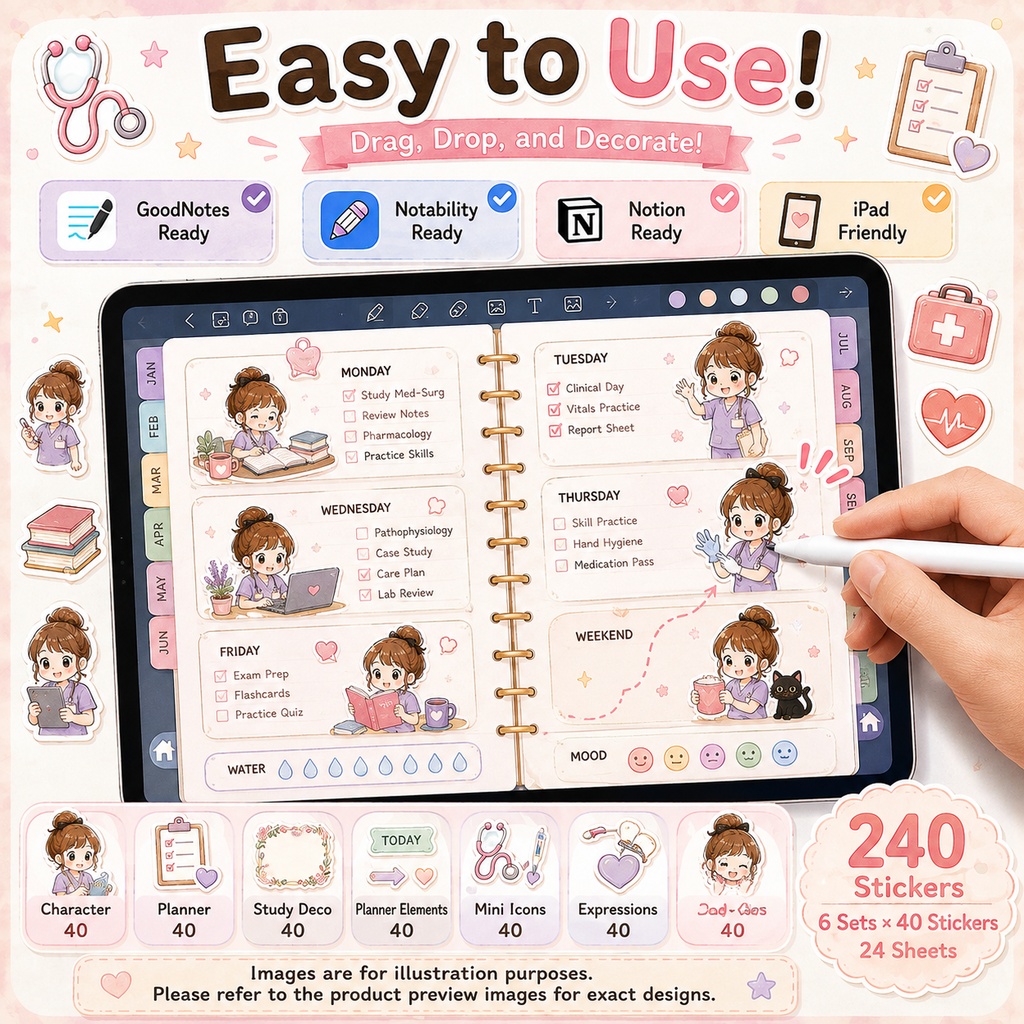 GoodNotes 看護学生デジタルステッカー240枚セット|看護学校・勉強・実習・手帳用PNG素材|かわいいナース手帳