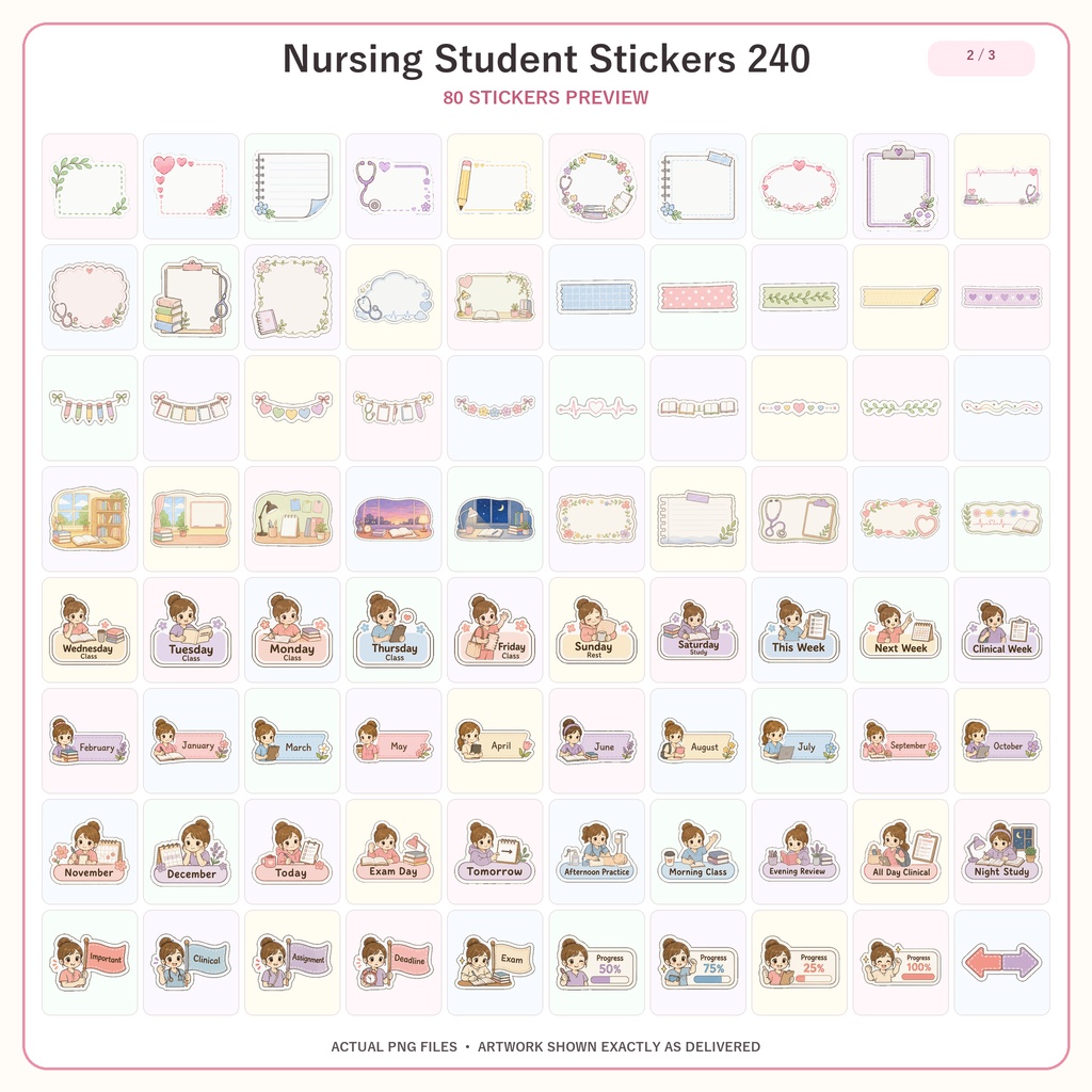 GoodNotes 看護学生デジタルステッカー240枚セット|看護学校・勉強・実習・手帳用PNG素材|かわいいナース手帳