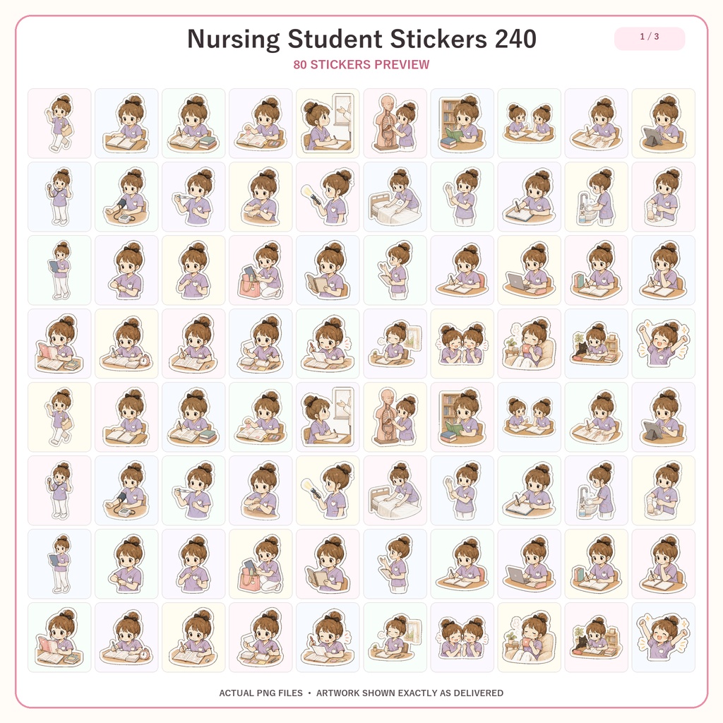 GoodNotes 看護学生デジタルステッカー240枚セット|看護学校・勉強・実習・手帳用PNG素材|かわいいナース手帳