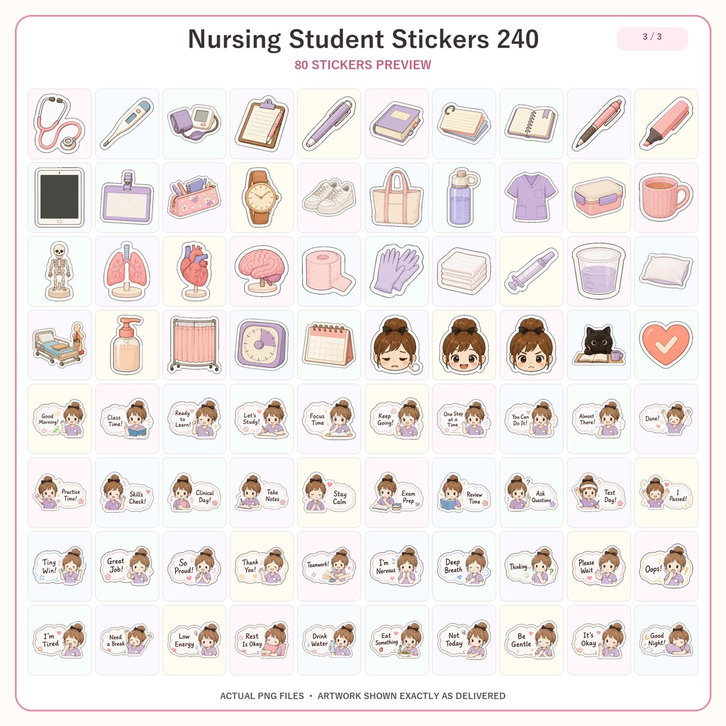 GoodNotes 看護学生デジタルステッカー240枚セット|看護学校・勉強・実習・手帳用PNG素材|かわいいナース手帳