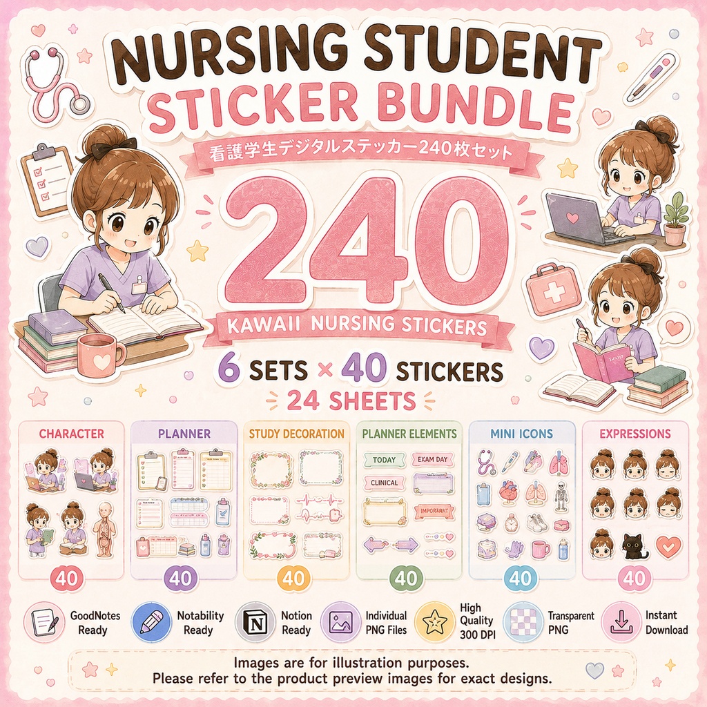 GoodNotes 看護学生デジタルステッカー240枚セット|看護学校・勉強・実習・手帳用PNG素材|かわいいナース手帳