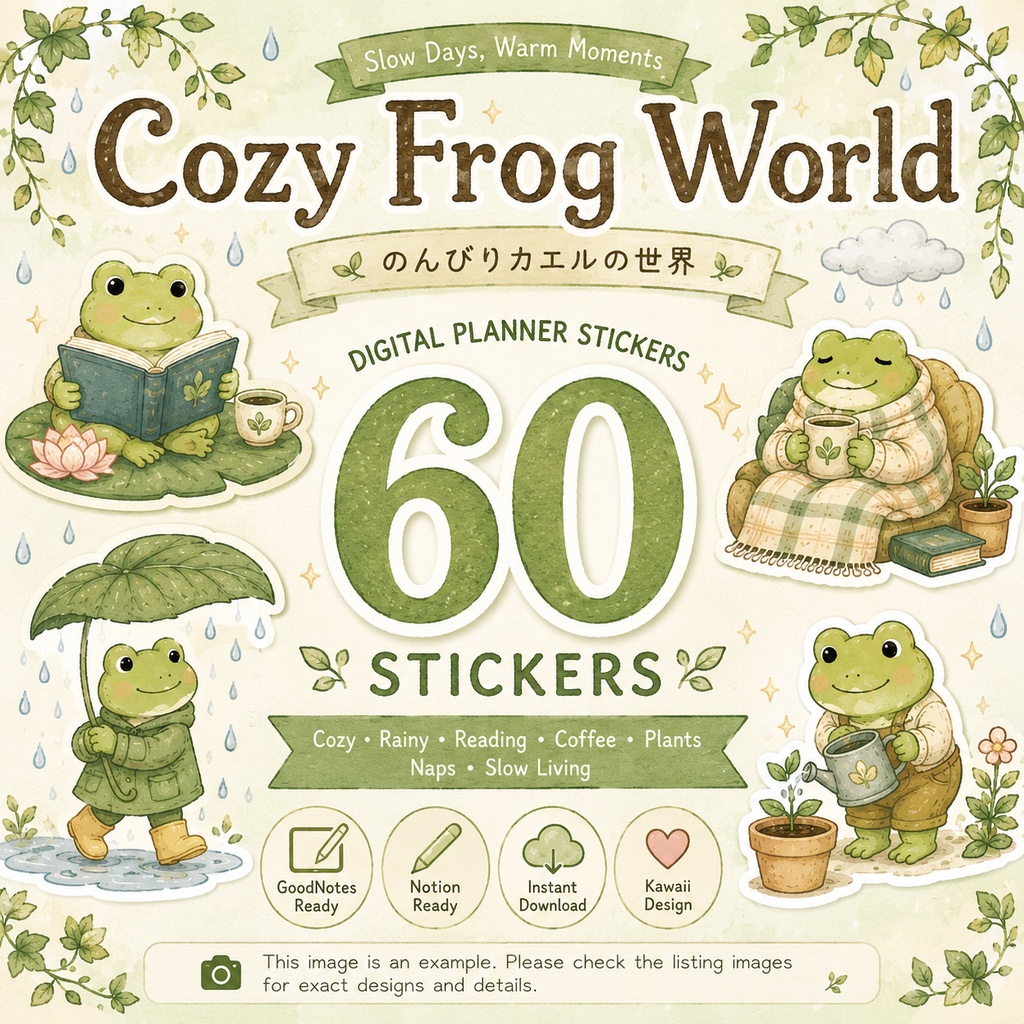 のんびりカエルの世界 60点 デジタルプランナーステッカー|読書・雨・コーヒー・植物・日常