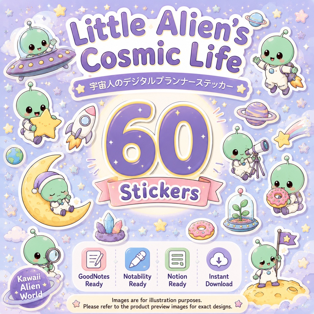 宇宙人のデジタルプランナーステッカー60点｜宇宙・UFO・惑星のかわいい手帳デコ素材