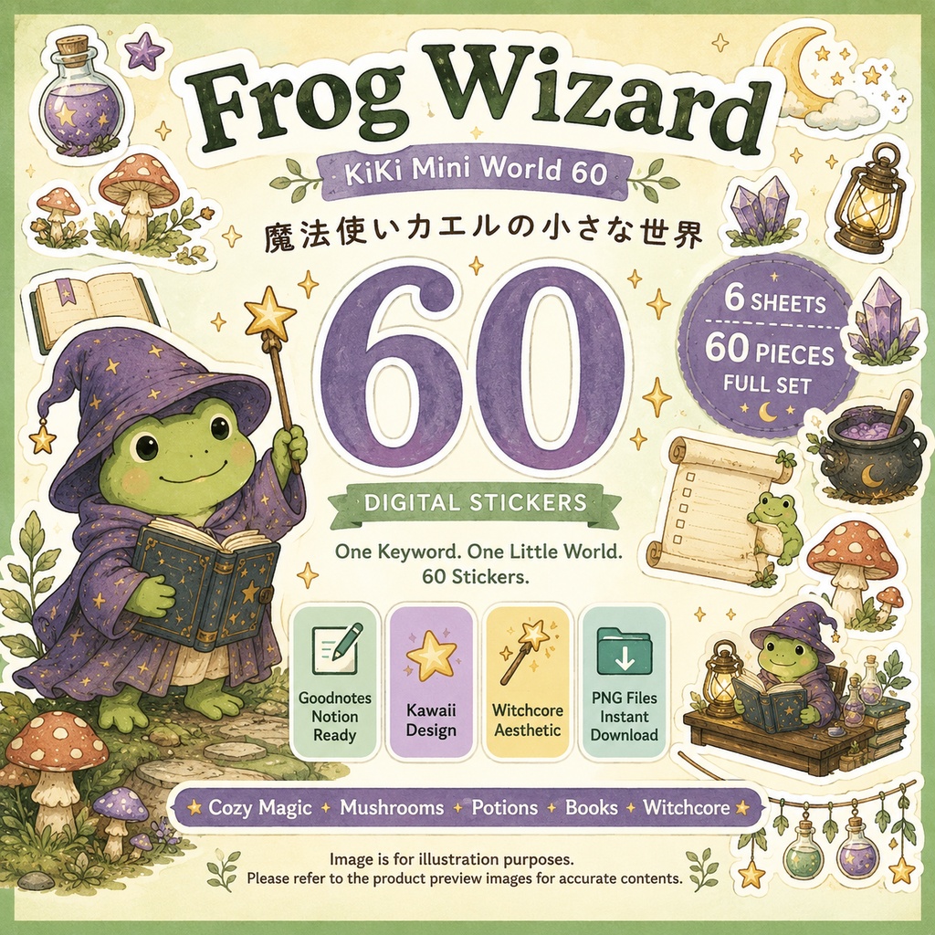 魔法使いカエル デジタルプランナーステッカー60点｜魔法・キノコ・Potion・Witchcore
