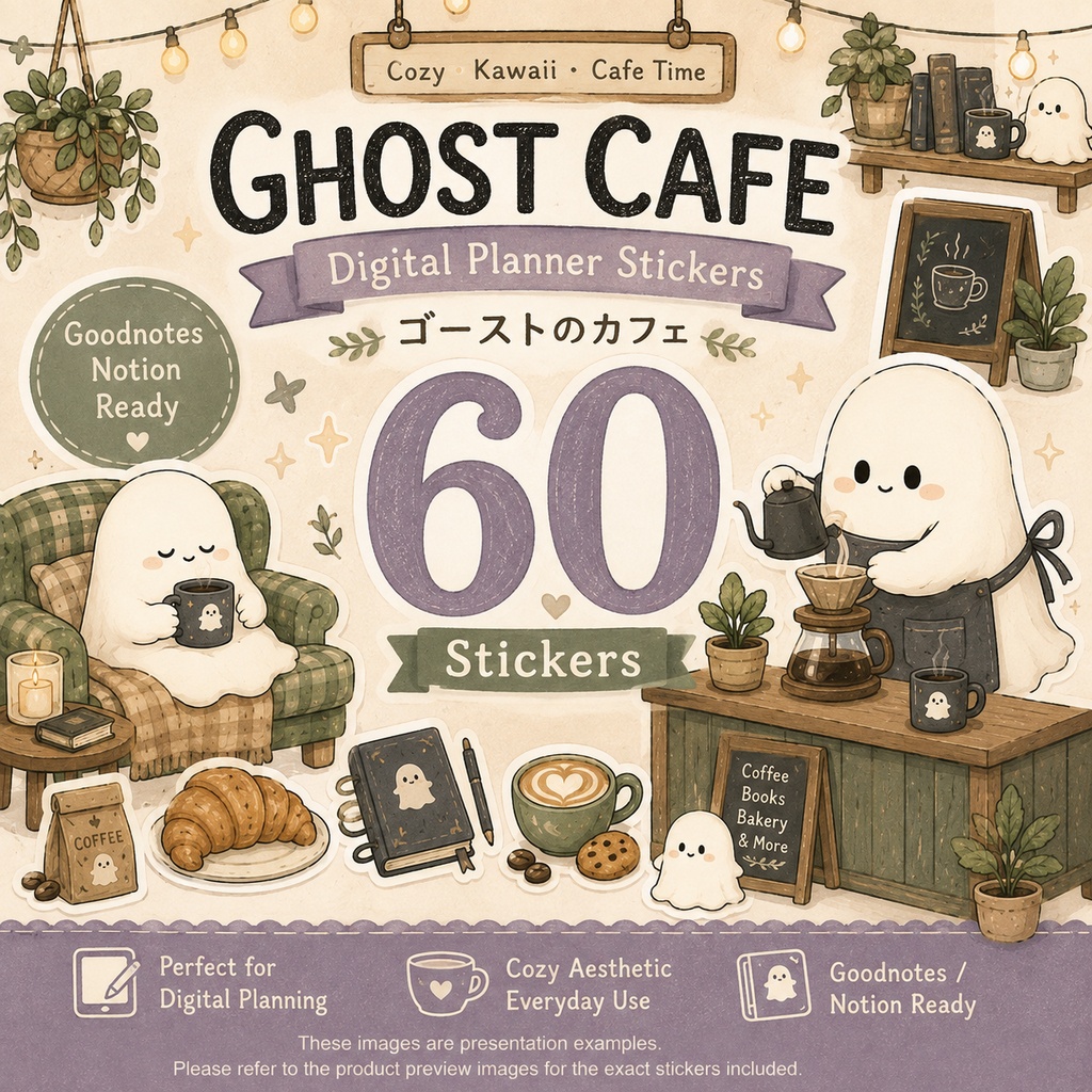 ゴーストのカフェ デジタルプランナーステッカー60点｜仕事・休憩・読書・コーヒーを楽しむかわいい手帳素材