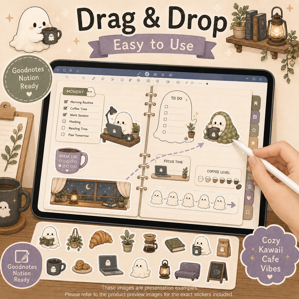 ゴーストのカフェ デジタルプランナーステッカー60点|仕事・休憩・読書・コーヒーを楽しむかわいい手帳素材