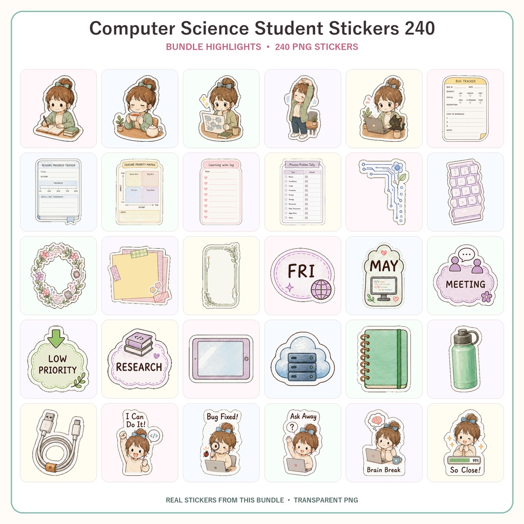 コンピューターサイエンス学生向け デジタルステッカー240枚セット|勉強・プログラミング・デジタルプランナー