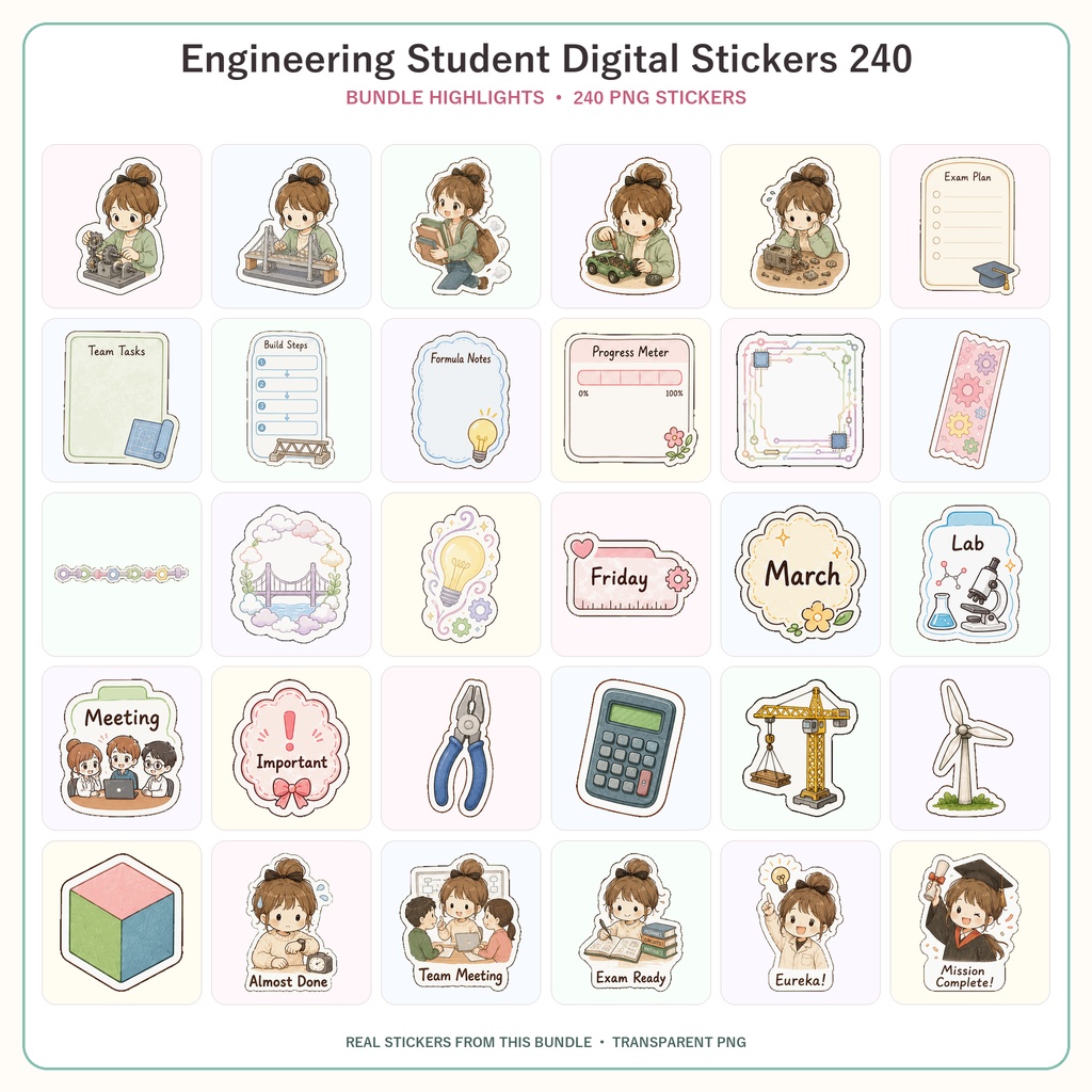 工学学生デジタルステッカー240枚セット|勉強・研究・課題・手帳デコ向け 6テーマセット