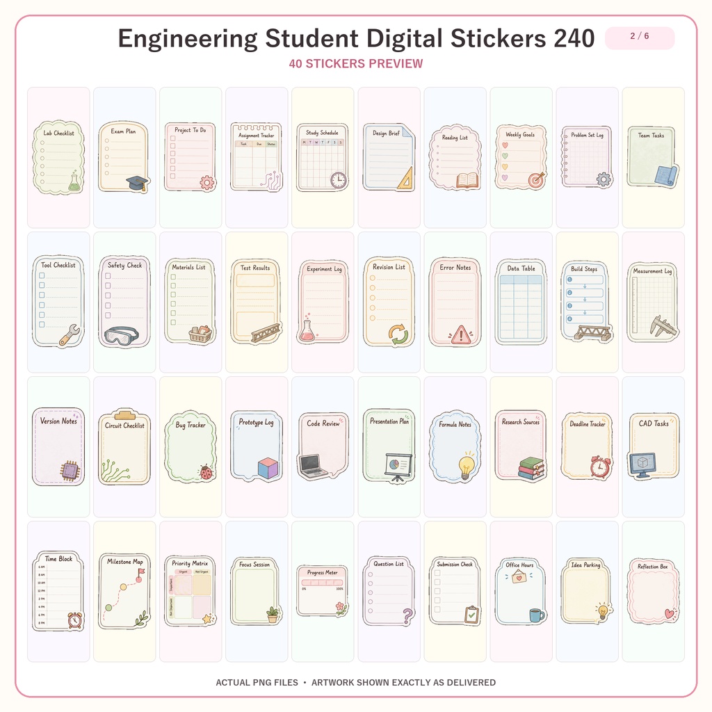 工学学生デジタルステッカー240枚セット|勉強・研究・課題・手帳デコ向け 6テーマセット
