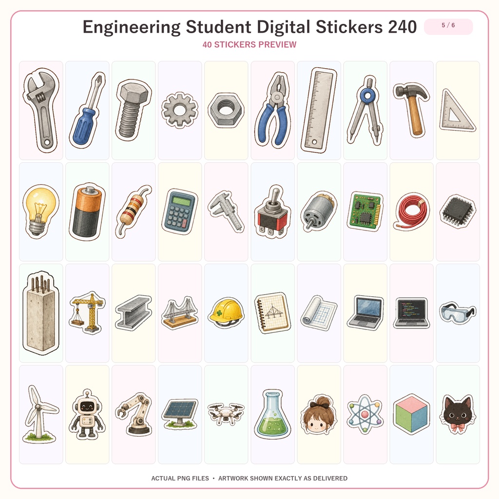 工学学生デジタルステッカー240枚セット|勉強・研究・課題・手帳デコ向け 6テーマセット
