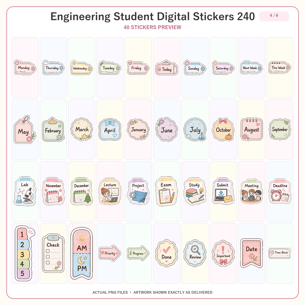 工学学生デジタルステッカー240枚セット|勉強・研究・課題・手帳デコ向け 6テーマセット