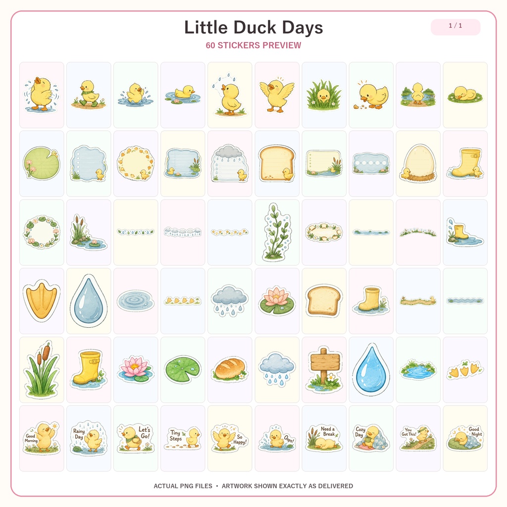 アヒルの日常 かわいいデジタルプランナーステッカー60点 Goodnotes・Notionで使える池と雨のステッカーセット