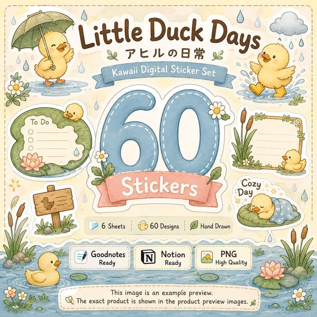 アヒルの日常 かわいいデジタルプランナーステッカー60点 Goodnotes・Notionで使える池と雨のステッカーセット