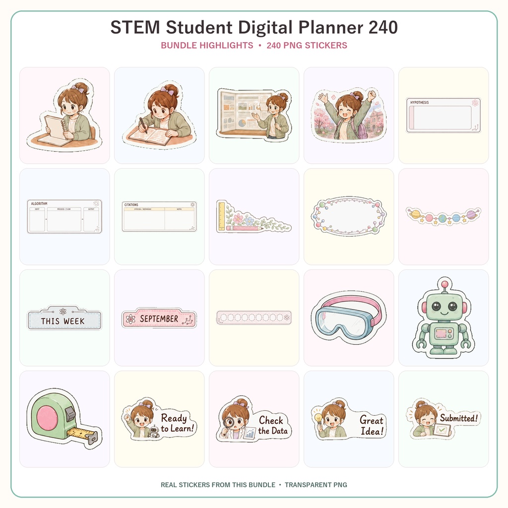 学生STEM デジタルプランナーステッカー240枚セット|勉強・理系・サイエンス・手帳デコ