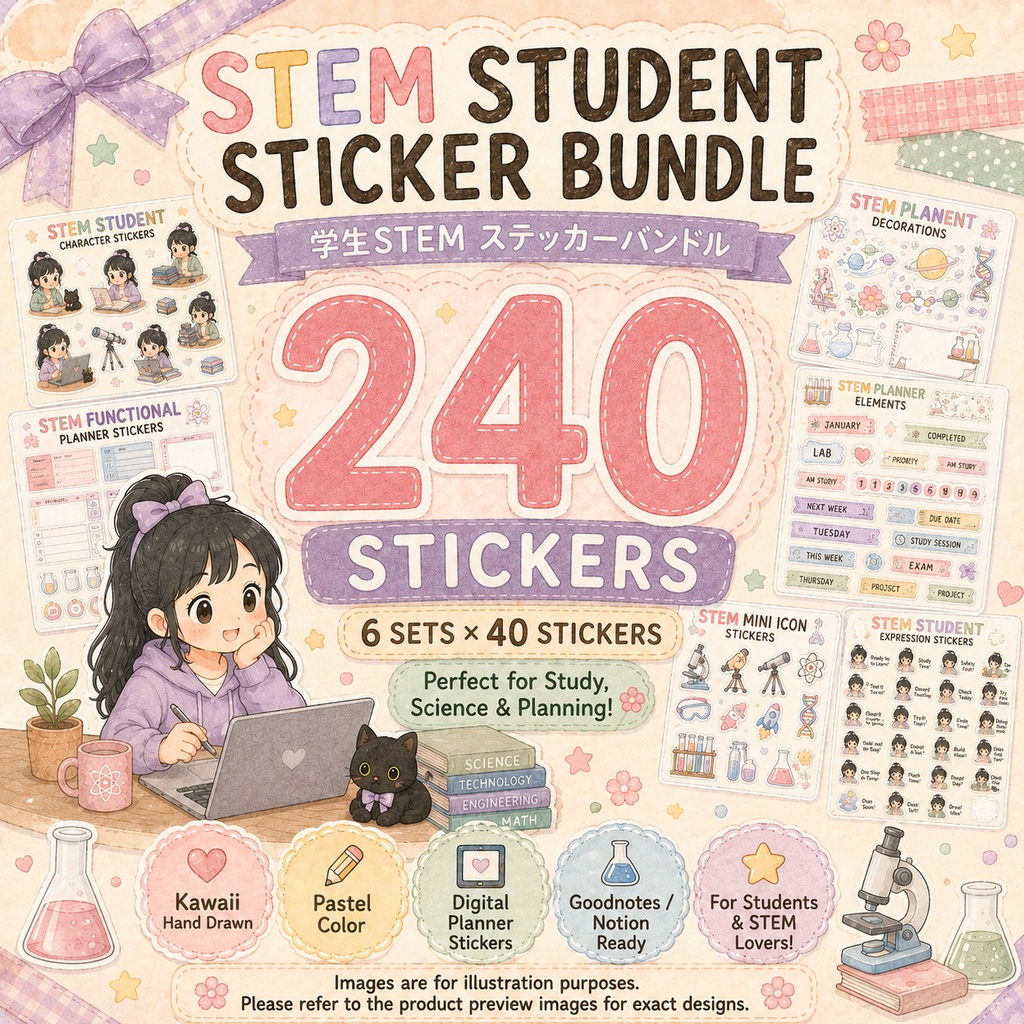 学生STEM デジタルプランナーステッカー240枚セット|勉強・理系・サイエンス・手帳デコ