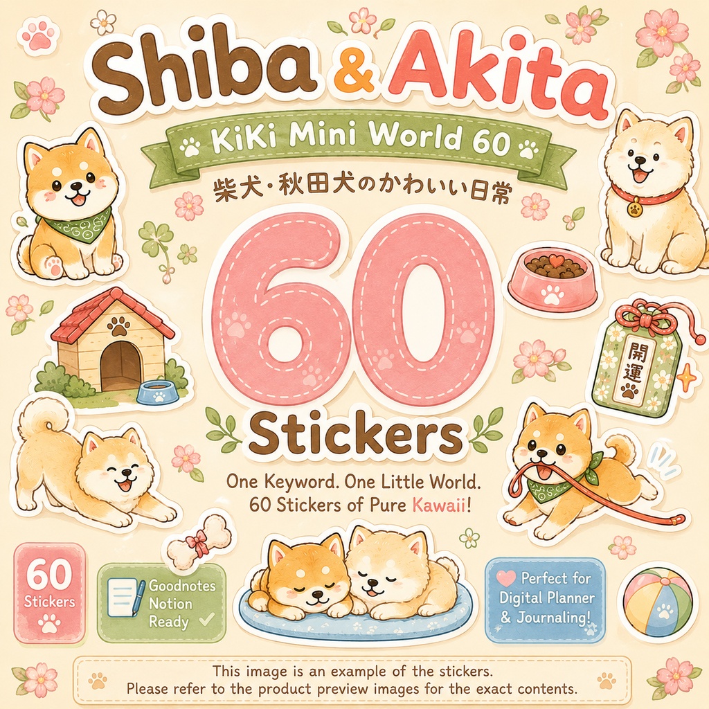 柴犬・秋田犬 デジタルプランナーステッカー60点｜かわいい犬の日常・手帳デコ・デジタルジャーナル素材