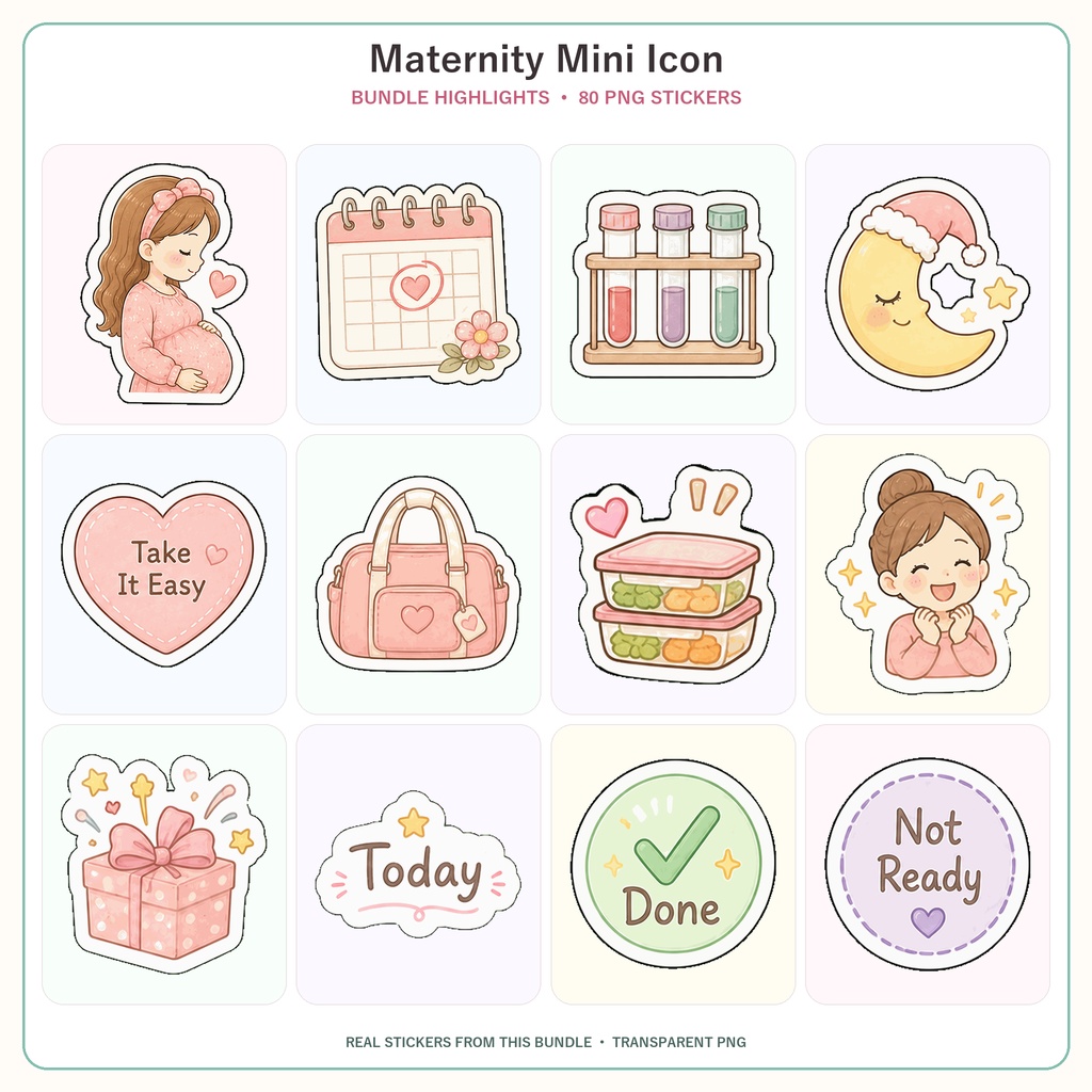 マタニティ ミニアイコン PNGイラスト素材80点|妊娠・健診・セルフケア・出産準備のかわいいデジタル素材